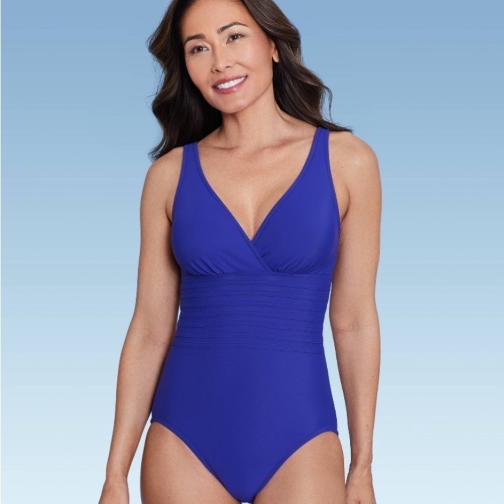Women's UPF 50 Waist Detail Over the Shoulder One Piece Aqua Green®
Blue